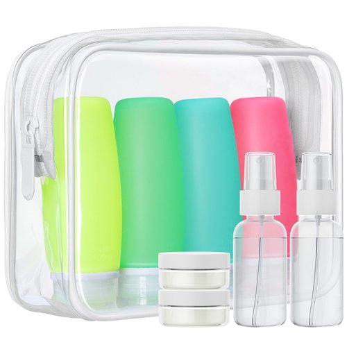 PACKISM TSA Approved Toiletry Bag with Bottles - Travel Accessories 8 Pack Leakproof 3.4oz Silicone Travel Bottles for Toiletries, Shampoo Conditioner Lotion Body Wash BPA Free, White
