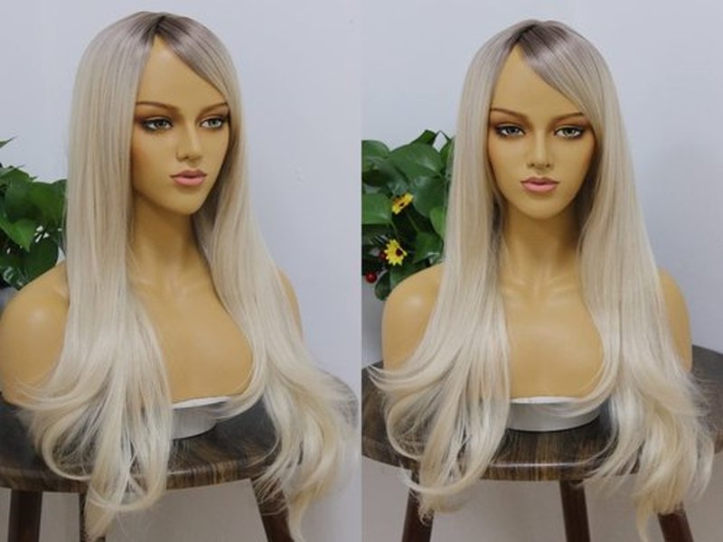 Ash Blonde Synthetic Wig With Bangs Natural Wave Fringe Unit Glueless Wig For Woman Light Brown Roots Scalp Top Full Machine Made Full Wig Platinum Blonde Heat Resistant Fibers Costume Wig Daily Use