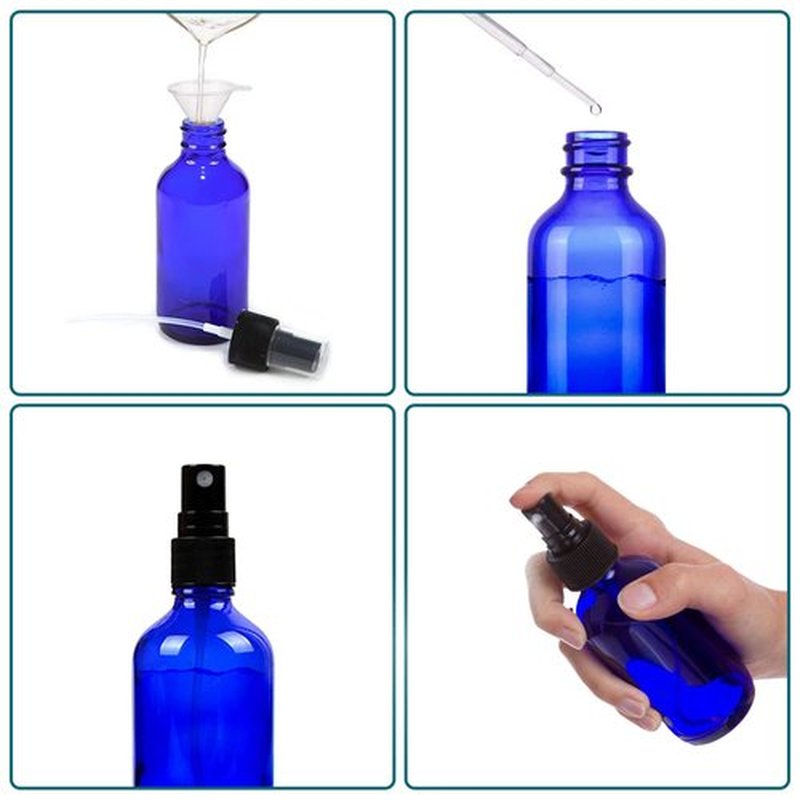 YUNFOOK 4 oz Blue Glass Spray Bottles for Essential Oils, Small Empty Fine Mist Spray Bottle,2 Pack with Funnel Dropper