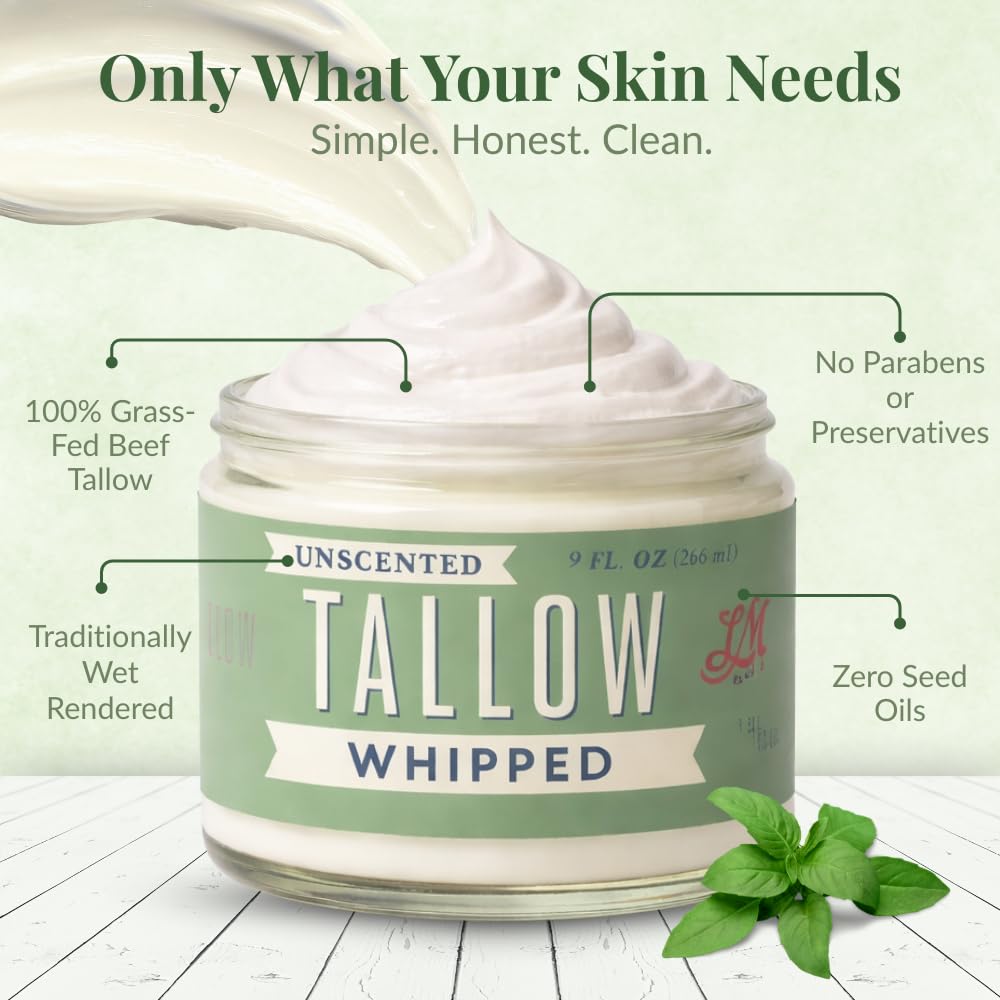 Lady May Tallow Whipped Tallow 9oz - All Natural Face Cream + Whole Body Moisturizer for Dry Skin - No Preservatives, Parabens or Seed Oils - 100% Pure, No Added Fragrance - USA Made (Unscented)