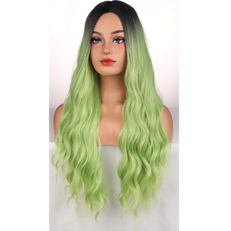 MAGQOO Matcha Green Wig for Women Girls Dark Roots Green Wig Long Curly Wavy Black Green Wigs Middle Part St Patrick Day Wig Synthetic Heat Resistant Halloween Cosplay Costume Party Daily Use