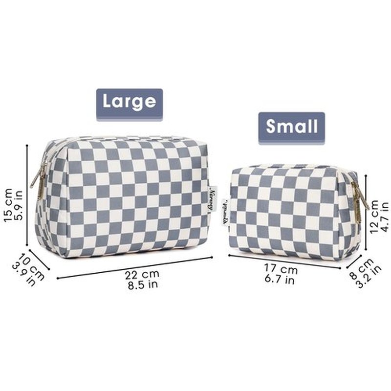 Narwey Large Checkered Makeup Bag Zipper Pouch Travel Cosmetic Bag Organizer for Women (Large, Grayish Blue Checkerboard)