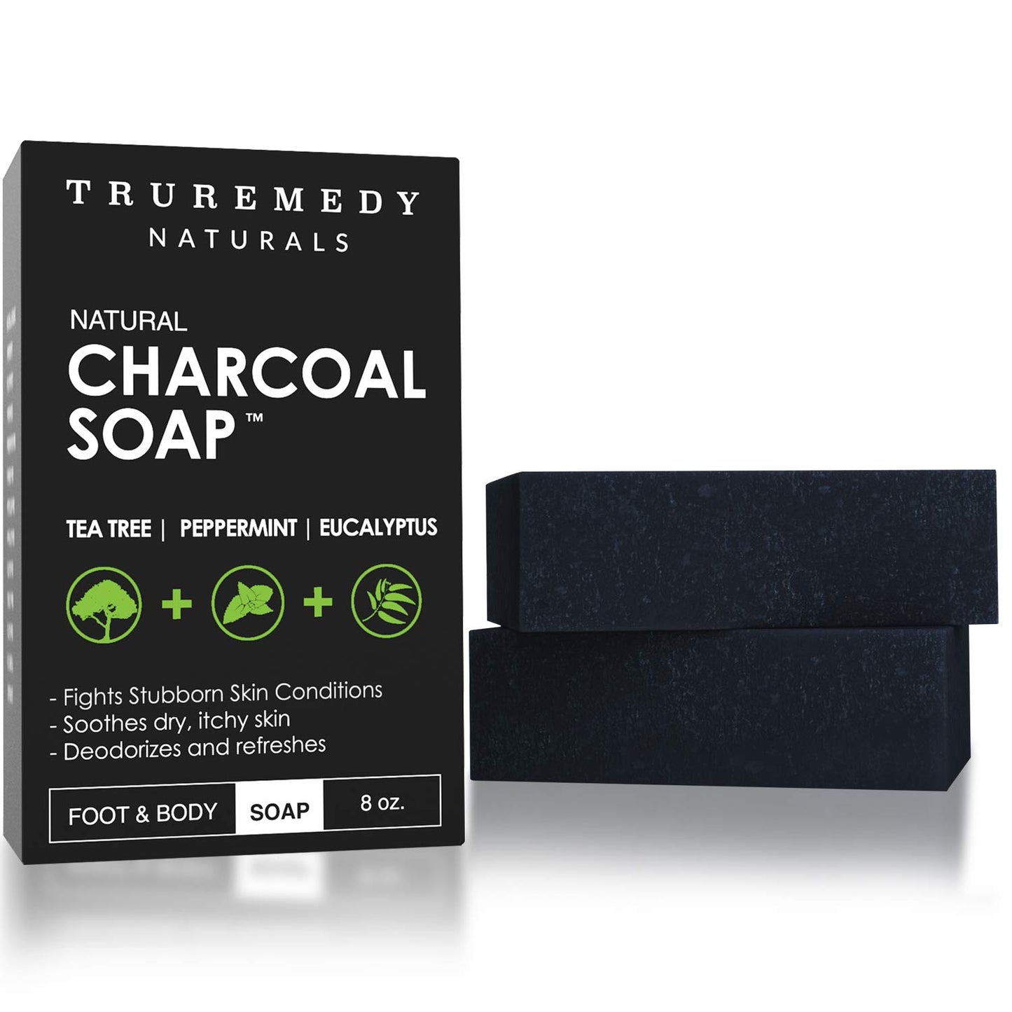 Truremedy Naturals Natural Activated Charcoal Soap Bar (2-Pack) - Hand, Foot & Body Soap - Tea Tree, Peppermint & Charcoal Soap - Vegan, Cruelty Free - Made In USA - 8 Oz