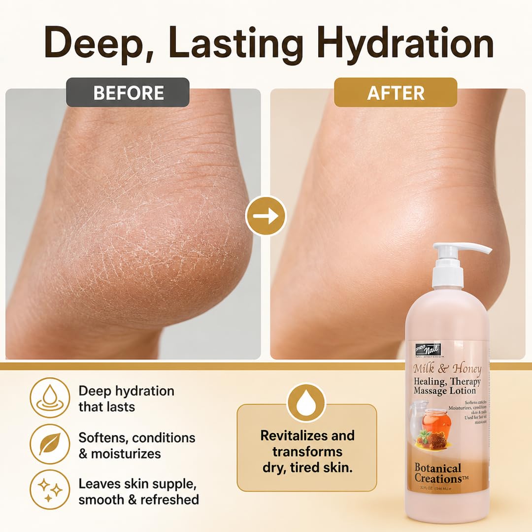 PRO NAIL - Healing Therapy Massage Lotion - Professional Pedicure, Body and Hot Oil Manicure, Infused with Natural Oils, Vitamins, Panthenol and Amino Acids (Milk and Honey, 32 Ounce)