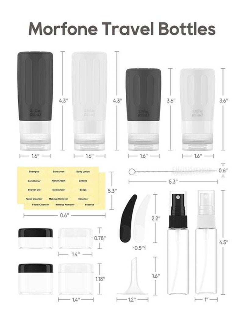 Morfone 16 Pack Silicone Travel Bottles Set for Toiletries TSA Approved Travel Containers Leakproof Squeezable Refillable Accessories 2oz 3oz for Shampoo Conditioner Lotion Liquids (BPA Free)