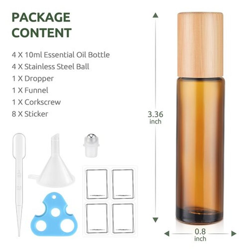 4 Pack, Essential Oil Roller Bottles, Amber Glass Roller Balls for Essential Oils, 10ml Empty Rollerball Bottles for Travel Refillable Roll on Perfume Bottles with Bamboo Plastic Caps