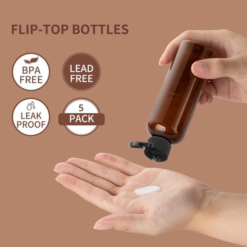 LISAPACK 3.4Oz Travel Bottles with Flip Cap (5 Pcs) Empty Dispenser Container for Travel Size Cosmetics (100ml, Brown)