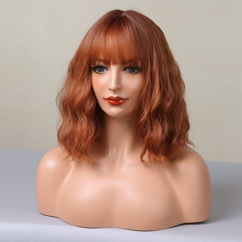 MAGQOO Ombre Dark Orange Auburn Wig Women Dark Roots Orange Bob Wig Short Curly Wavy Red Copper Wig with Bangs Synthetic Heat Resistant