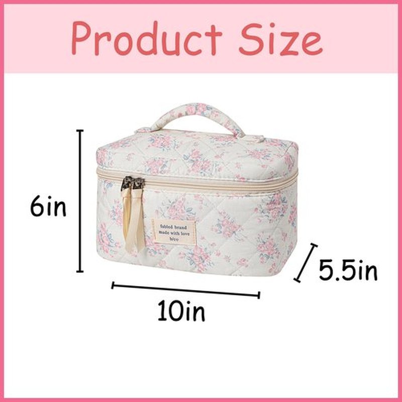 uekeboag Large Travel Quilted Makeup Bag for Women, Floral Cotton Cosmetic Bag, Coquette Aesthetic Floral Toiletry Organizer Bag (07PinkRose)