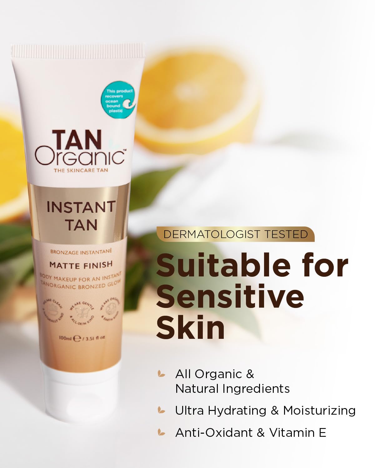 TanOrganic Instant Self Tan 100ml | Matte, Quick-Drying & Water-Resistant | For Face & Body | No Fake Tan Smell | Hydrating & Nourishing Formula