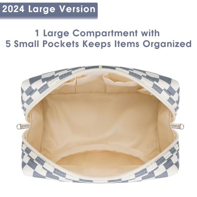 Narwey Large Checkered Makeup Bag Zipper Pouch Travel Cosmetic Bag Organizer for Women (Large, Grayish Blue Checkerboard)