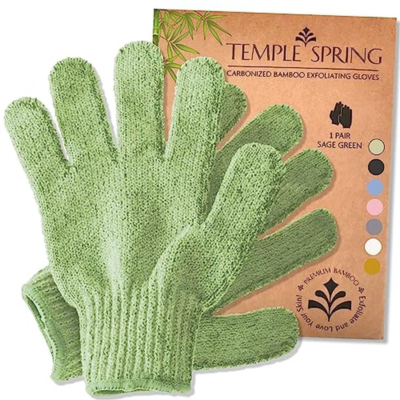 Temple Spring Exfoliating Gloves - Rayon Bamboo Bath/Shower Gloves, Bath Gloves for Shower Exfoliating and Ingrown Hair/Dead Skin Remover - Exfoliator Mitt Scrub Gloves - Sage Green