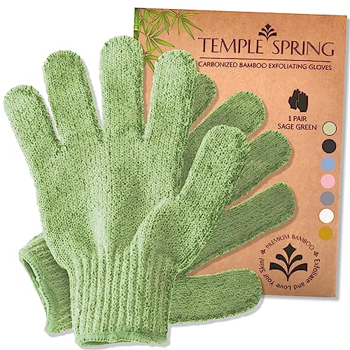 Temple Spring Exfoliating Gloves - Rayon Bamboo Bath/Shower Gloves, Bath Gloves for Shower Exfoliating and Ingrown Hair/Dead Skin Remover - Exfoliator Mitt Scrub Gloves - Sage Green
