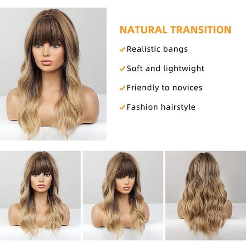 FORCUTEU Ombre Blonde Wig With Bangs Long Wavy Blonde Wigs for Women Heat Resistant Blonde Wigs for Daily Party Cosplay Use(22inch, Ombre Blonde)