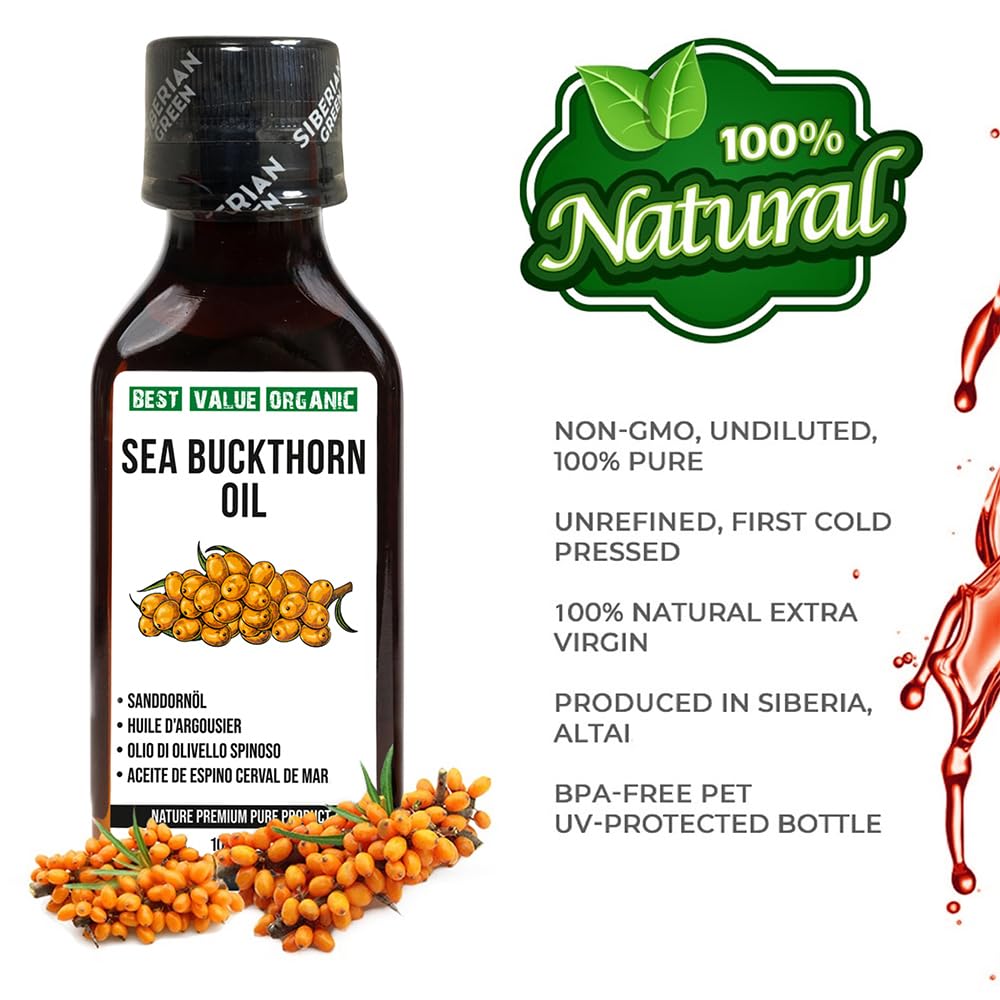 Siberian Sea Buckthorn Oil 100 Ml, Non-GMO, Unrefined, First Cold Pressed, Raw, Natural - 3.4 Fl Oz from wild harvested berries and seeds
