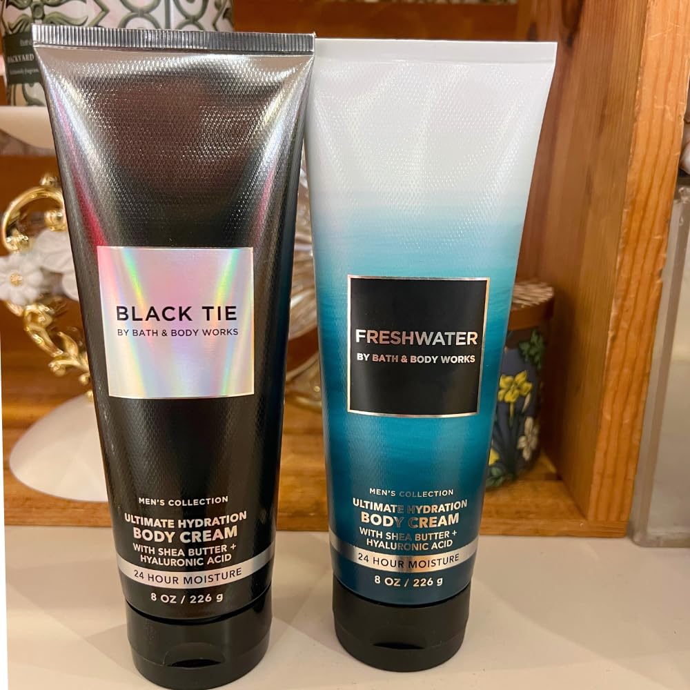Bath & Body Works Black Tie and Freshwater Ultimate Hydration Body Cream for Men 2pc bundle Gift Set with a Blue bow for Holiday - 8 oz each