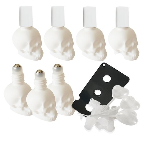 MINELEVEN 7 pcs Set 10ml Mini Skull Glass Oil Roller Bottles Leakproof Essential Oils Bottle for Storage and Travel (white)