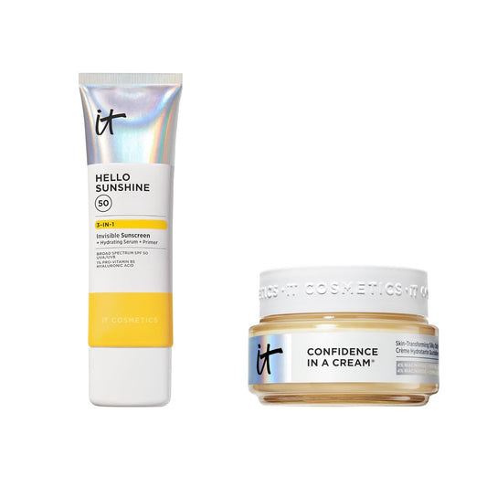 IT Cosmetics Confidence in a Cream & Hello Sunshine SPF 50 Primer Bundle | Anti-Aging Moisturizer & Invisible Sunscreen (2 fl oz + 2.7 fl oz)