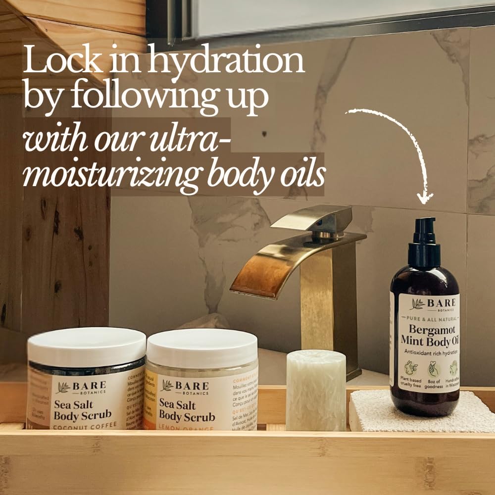 Bare Botanics 24oz Vanilla Hazelnut Coffee Sea Salt Body Scrub | Non-toxic, Vegan & Cruelty-free | Made in Madison, WI | Full Body Exfoliator & Hydrating Moisturizer with a Cute Wooden Spoon