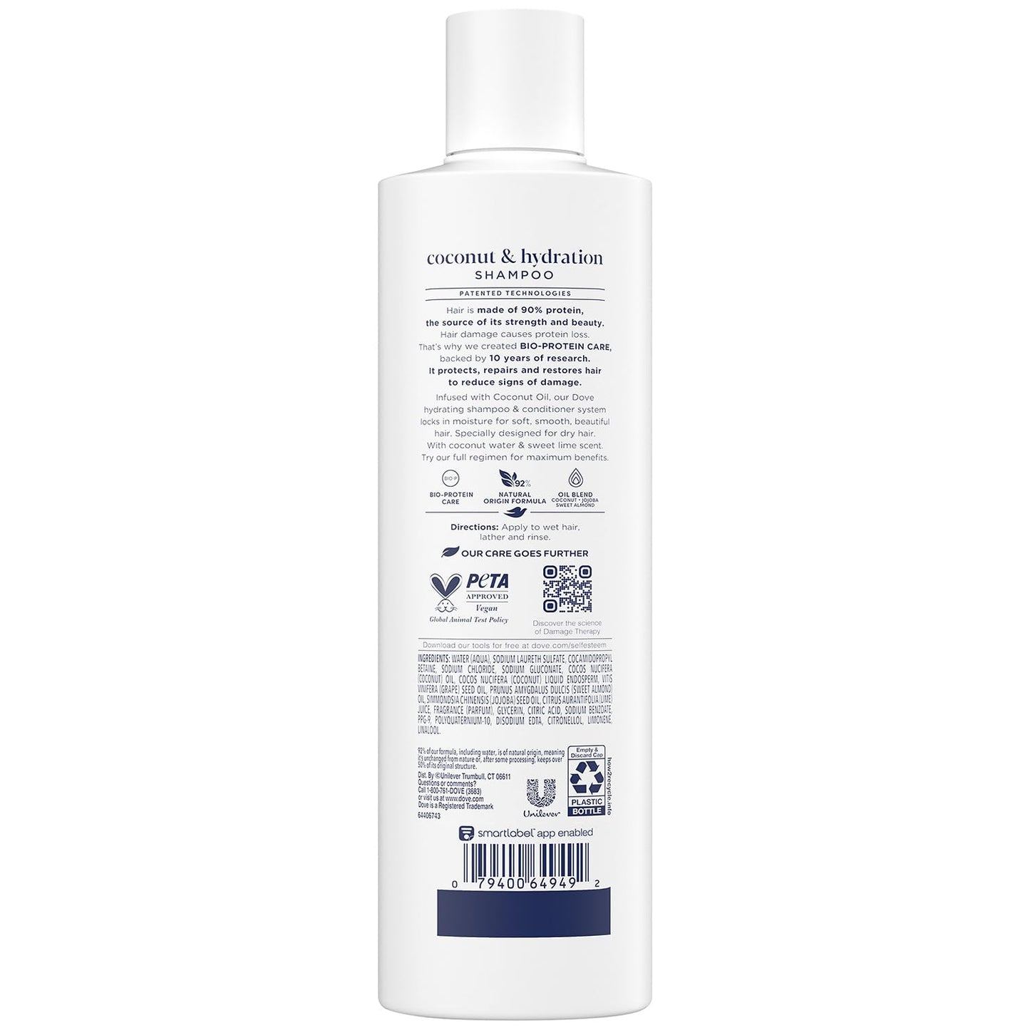 Dove Damage Therapy Shampoo 6-Pack, Coconut & Hydration, 24H Hydration for Revitalizing Dry, Damaged Hair, 12 Oz Ea