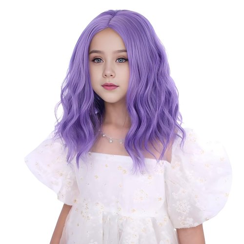 DUDUWIG Mixed Purple Wig for Kids Girls Short Light Purple Wavy Curly Wig Child Purple Side Part Wigs for Dress Up Party Cosplay Synthetic Wigs Hairnet Include