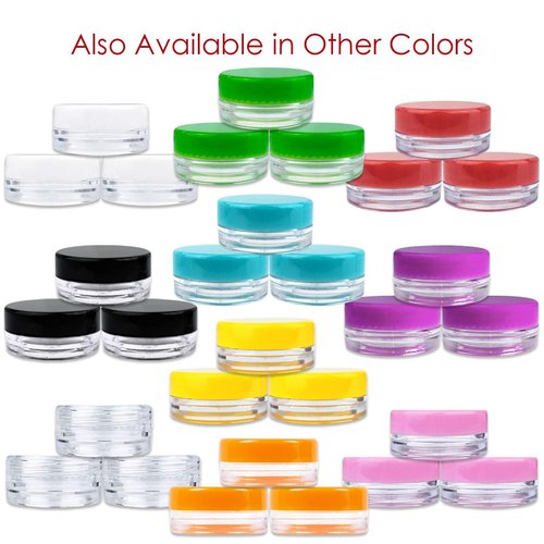 Beauticom 3g/3ml (0.1 Fl Oz) Round Clear Plastic Jars with Round Top Lids for Creams, Lotions, Make Up, Powders, Glitters, and more... (Color: Purple Lid Quantity: 50 Pieces)
