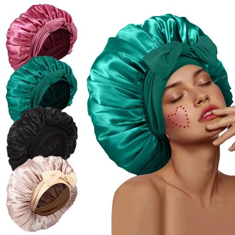 4Pcs Silk Bonnet for Sleeping, Satin Hair Bonnets for Sleeping Black Curly Hair Women Extra Large Jumbo Bonnet with Tie Band Braids shower cap