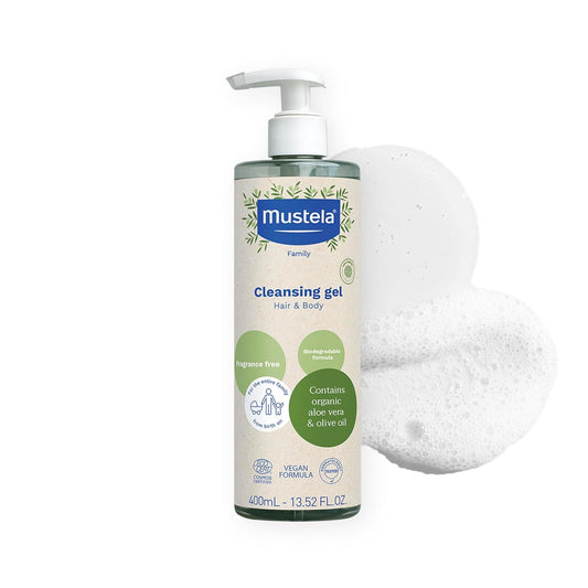 Mustela Organic Cleansing Gel | Natural Hair & Body Wash with Olive Oil & Aloe Vera - Fragrance-Free, Tear-Free, Vegan - 13.52 fl. oz.