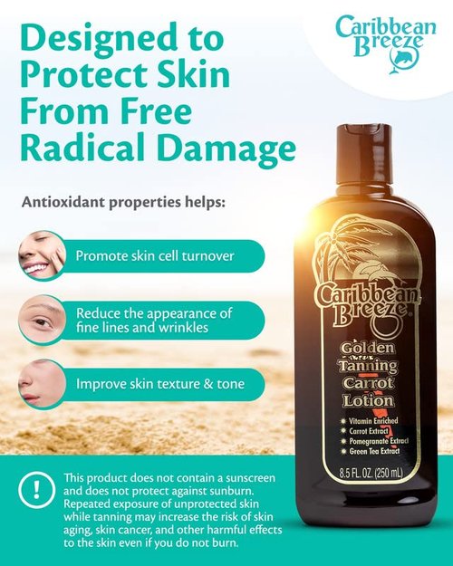 Caribbean Breeze Golden Carrot Sun Tanning Accelerator Lotion, Natural Tanning Lotion with Pomegranate Aloe Extracts, Rich in Oxidants, Moisturizes the Skin, and Anti-Aging Properties, 8.5 oz (250 ml)