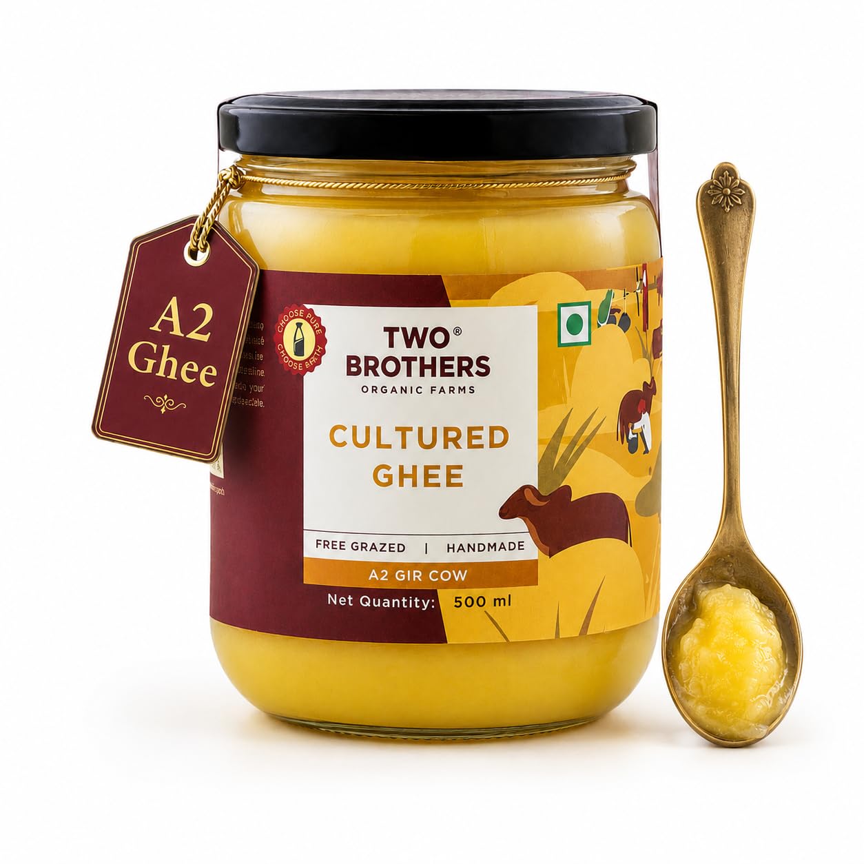 A2 Ghee Butter Grass Fed from Gir Cow | Gut Friendly | Healthy Butter Alternative | Non-GMO, Lactose-Free, Keto Friendly – 16 Oz from Two Brothers India Farms