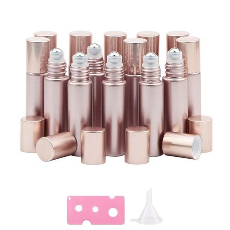 Kesell 14 Pack 10ml Matte rose gold Essential Oil Roller Bottles with Stainless Steel Balls for Perfume Aromatherapy Oils 1 Funnels + 1 Opener