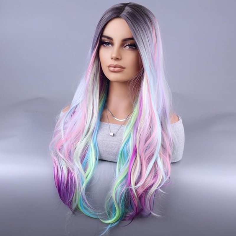 MAGQOO Rainbow Wig for Women Ombre Rainbow Wig Long Curly Wavy Multicolor Colorful Wigs Dark Roots Two Tones Synthetic Heat Resistant