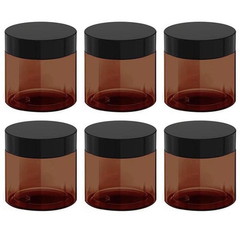12 oz Amber Plastic Cosmetic Jars Leak Proof Container with Black Lid for Cream, Lotion, Powder, ointment, Beauty Products etc, 6 Pcs.