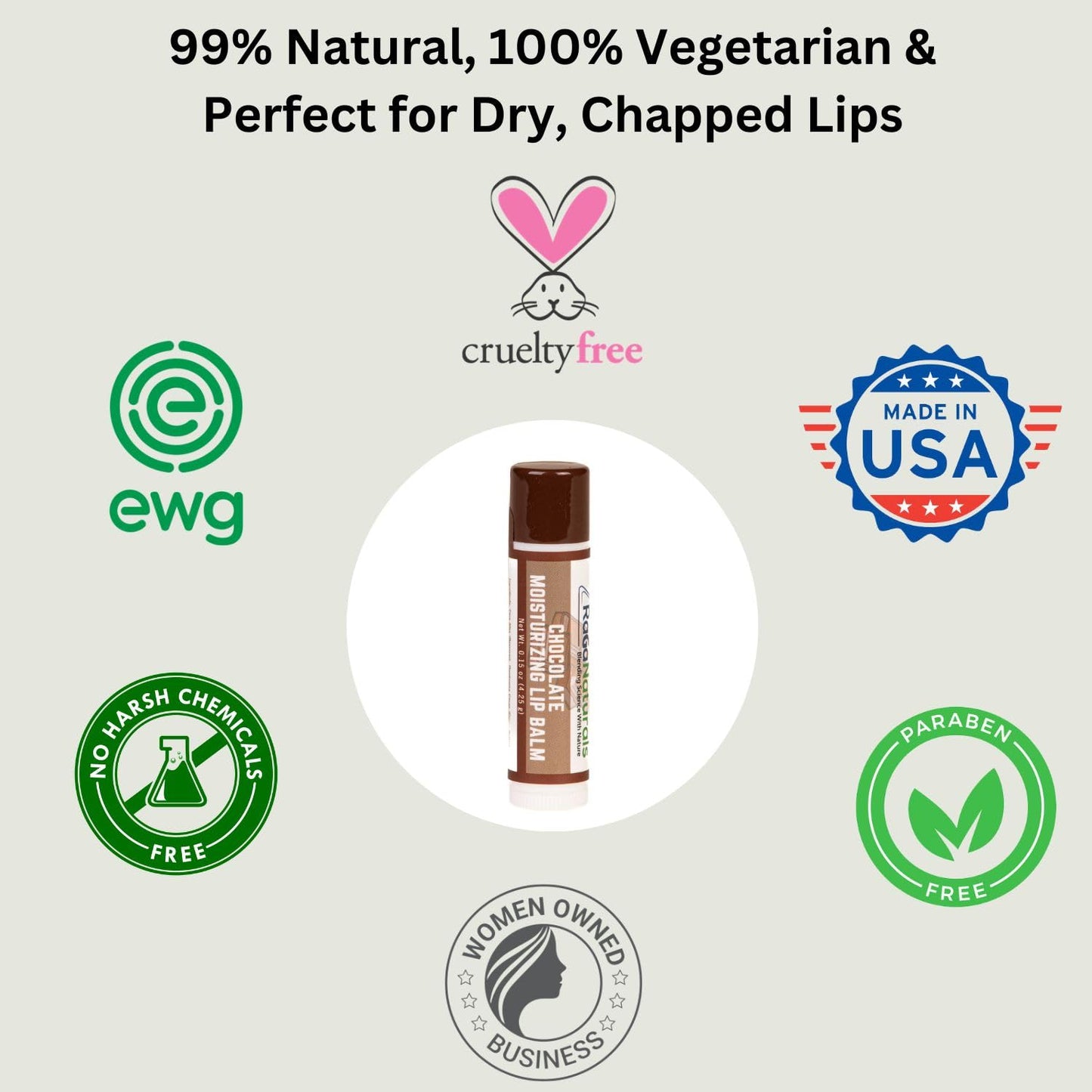 RaGaNaturals Natural Chocolate Lip Balm - Beeswax, Shea Butter, Jojoba Oil, Vitamin E - Smooth, long lasting Hydration, Moisturization for Dry & Cracked Lips - Gift -Handmade in USA (4 Pack)