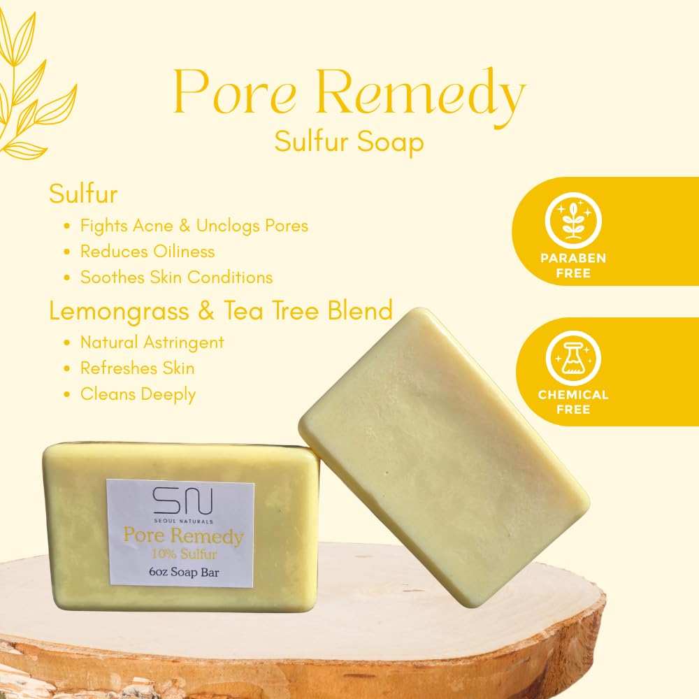Seoul Naturals Pore Remedy 10% Sulfur Soap with Lemongrass and Tea Tree Oil for Acne, Blemishes, and Deep Cleansing, k beauty inspired, 6oz