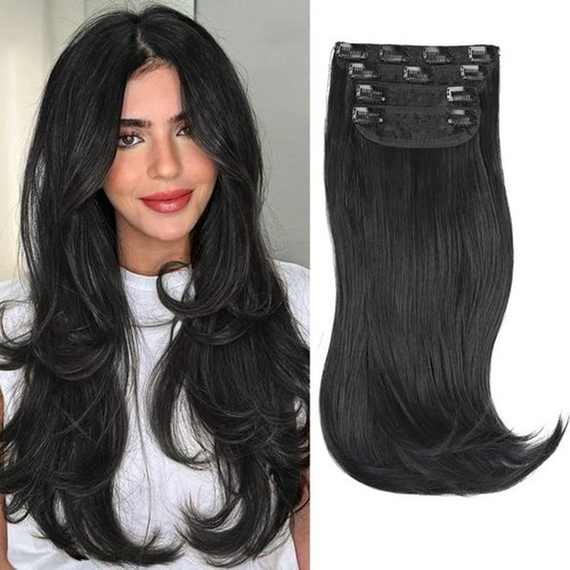 FREEMEIGE Black Hair Extensions Clip in Hair Extensions for Women Straight Layered Hair Extensions Synthetic Heat Resistant Long Wavy Daily Use 20 Inch