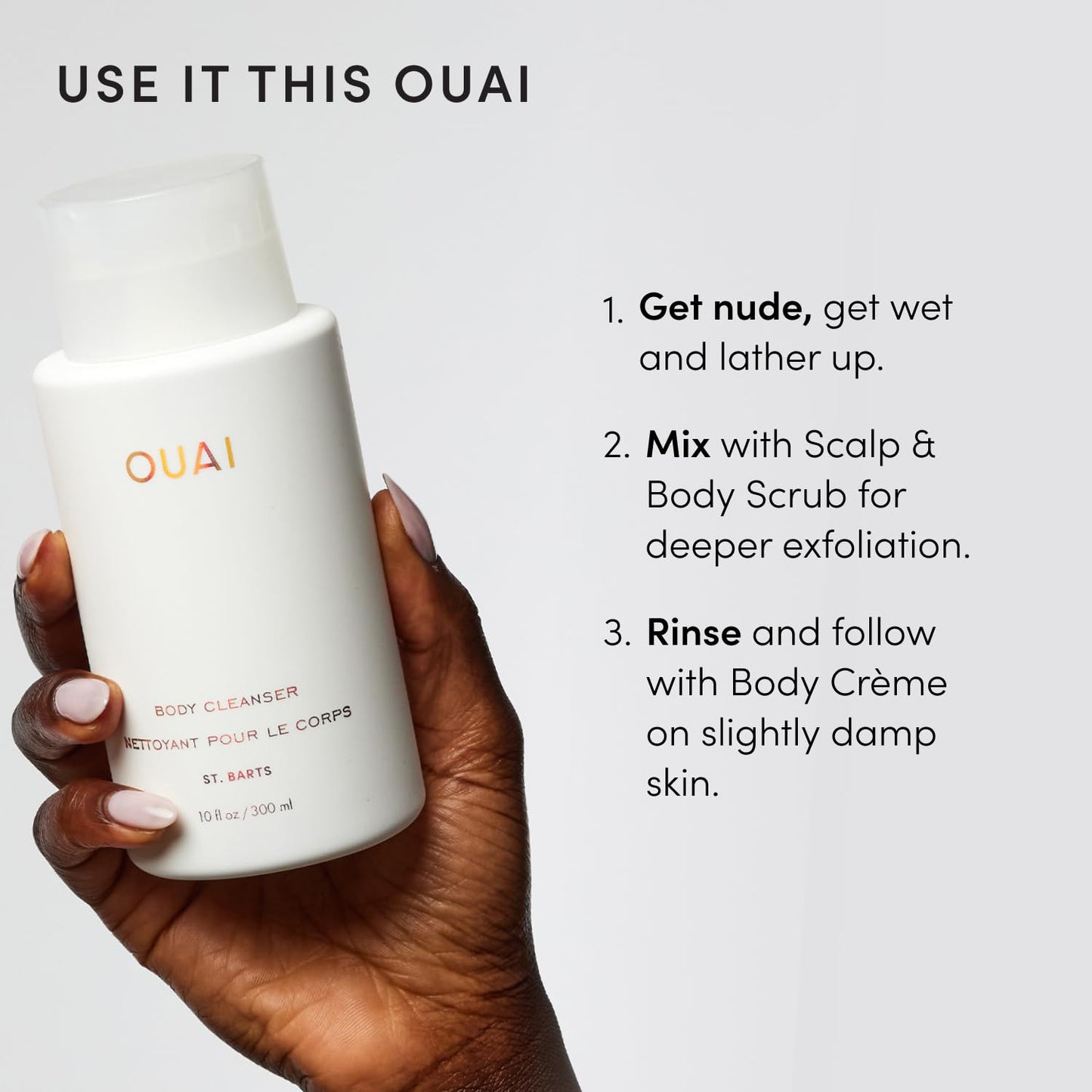 OUAI Body Cleanser, St. Barts Travel Size - Foaming Body Wash with Jojoba Oil & Rosehip Oil to Hydrate, Balance & Soften Skin - Paraben, Phthalate & Sulfate Free Skin Care Products (3 fl oz)