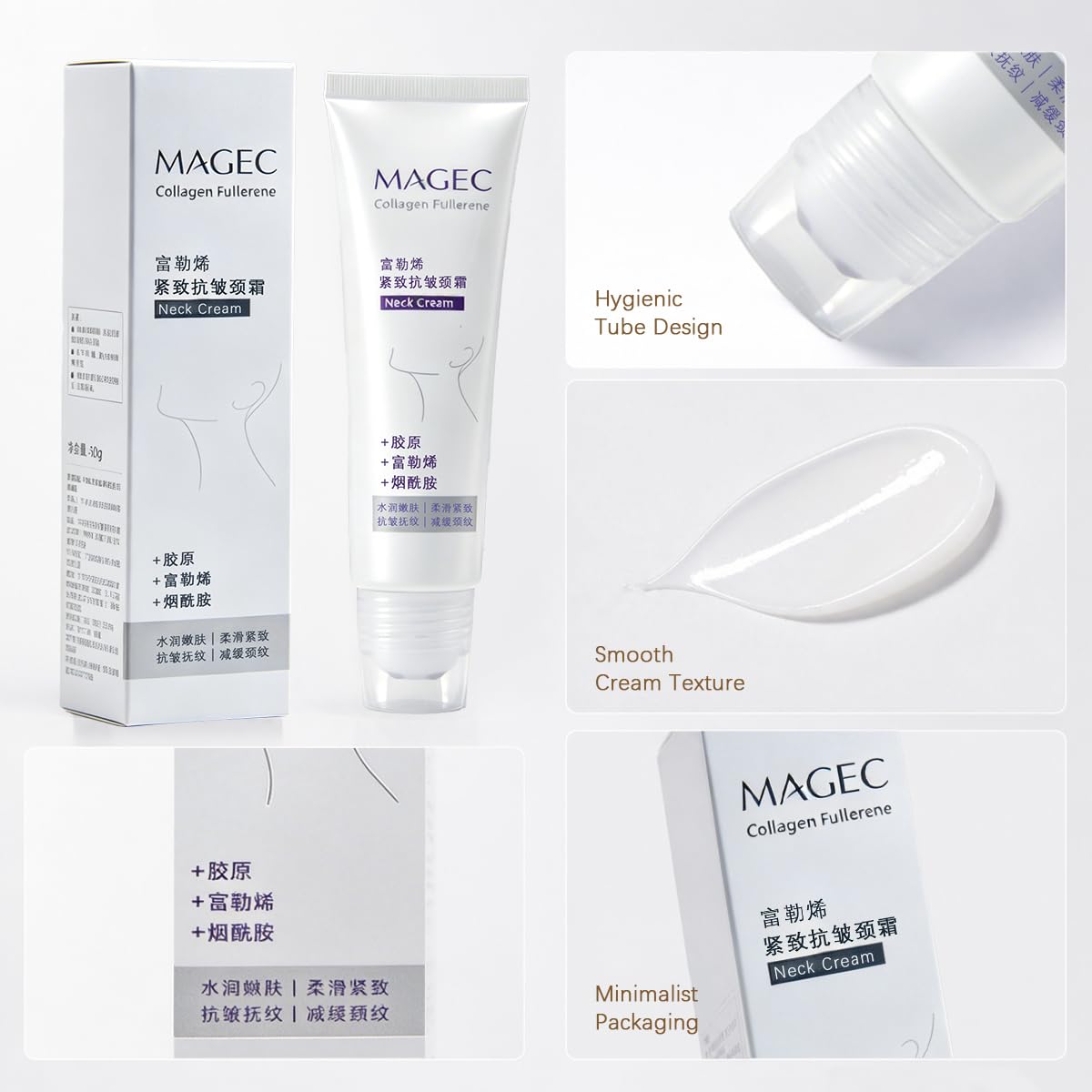 Aiwejay Magic Collagen Fullerene Neck Cream with Roller, Firming & Tightening Neck Cream with Collagen Peptides, Anti-Wrinkle Moisturizing Neck Skincare for Smoother, Youthful-Looking Skin