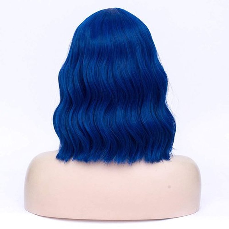 WGPFWIG Women's Blue Wig Short Curly Wavy Wig Shoulder Length Flat Bangs Wig For Women Girl Cosplay Party Halloween Wig Cap Included (Blue)