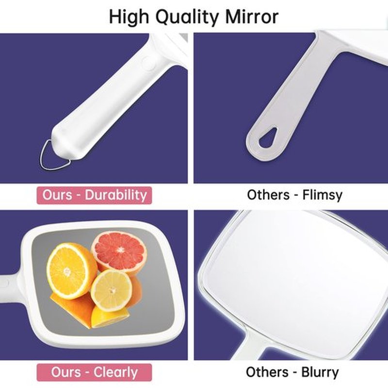 Lighted Handheld Mirror with 3 Light Color and Dimmable, 6.2'' X 5.9'' Makeup Mirror, Wide Viewing Angle, Lightweight & Durable, 4 AAA Battery, Versatile & Hangable for Makeup Application (White)