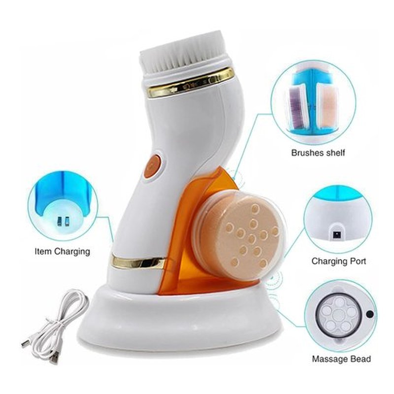 Facial Cleansing Brush, 4 in 1 Rechargeable Face Scrubber with 4 Brush Heads, Electric Face Scrubber for Women & Men, Deep Cleansing, Gentle Exfoliation and Massaging (Orange)