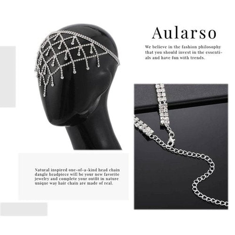 Aularso Rhinestone Head Chain Jewelry Forehead Hair Chain Wedding Tassel Headpiece luxury Crystal Party Headband for Women and Girls (Silver)