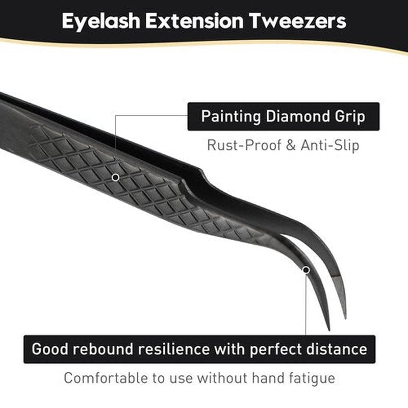 Ms.Queen Eyelash Tweezers For Extensions, Precision Diamond Grip Curved Lash Tweezers Fiber Tip,Black