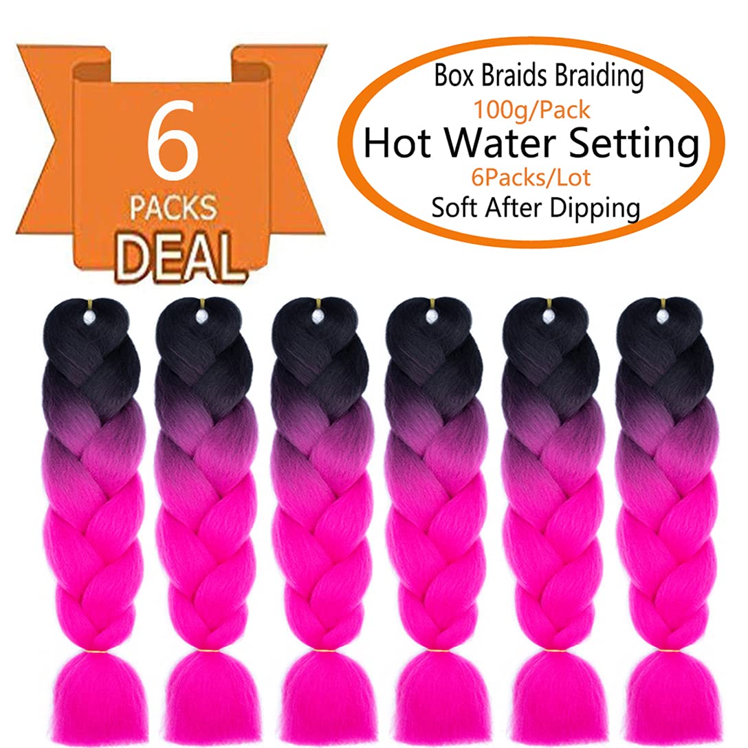 SHUOHAN 6 Packs Ombre Jumbo Braiding Hair Extensions 24 Inch High Temperature Synthetic Fiber Hair Extensions for Box Braids Braiding Hair (Black to Rose Red)