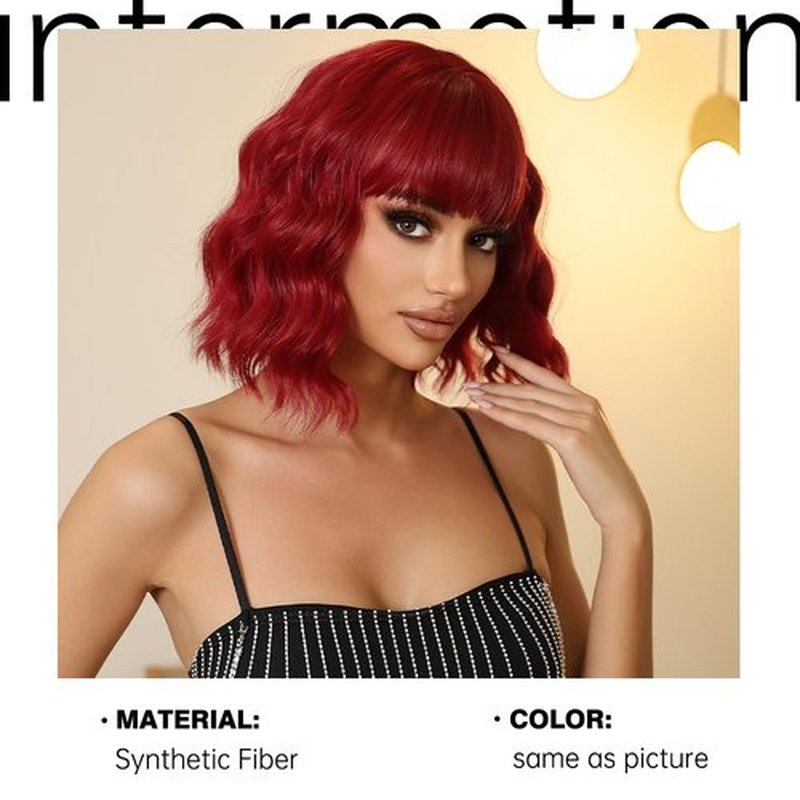 Allbell Red Wigs for Women Short Wavy Bob Wig with Bangs Heat Resistant Synthetic Hair Daily Cosplay Party Use