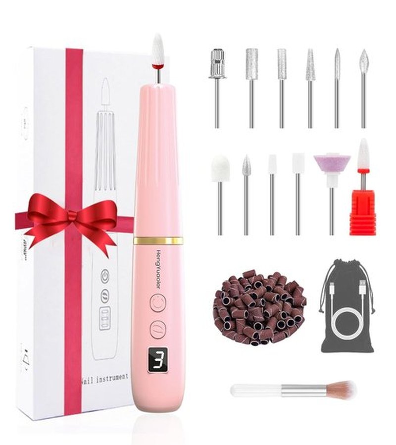 HengYuaoler Electric Nail Drill Machine File Efile Set for Acrylic Gel Nails Portable Nail Drill Machine Kit Rechargeable Pedicure Tools for Hand Feet Manicure Pedicure Tools Polishing Set (Pink)