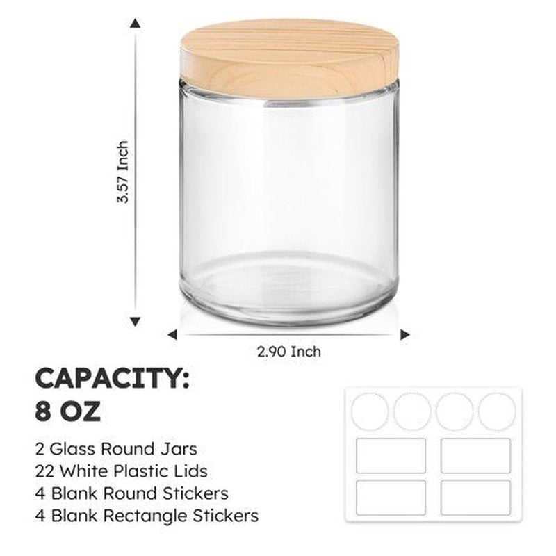 Small Glass Containers with Lids, 8 oz Glass Jars with Plastic Woodgrain Lids & Inner Liners, Reusable Travel Containers for Creams, Makeup, Lotion, Cosmetic - 2 pack