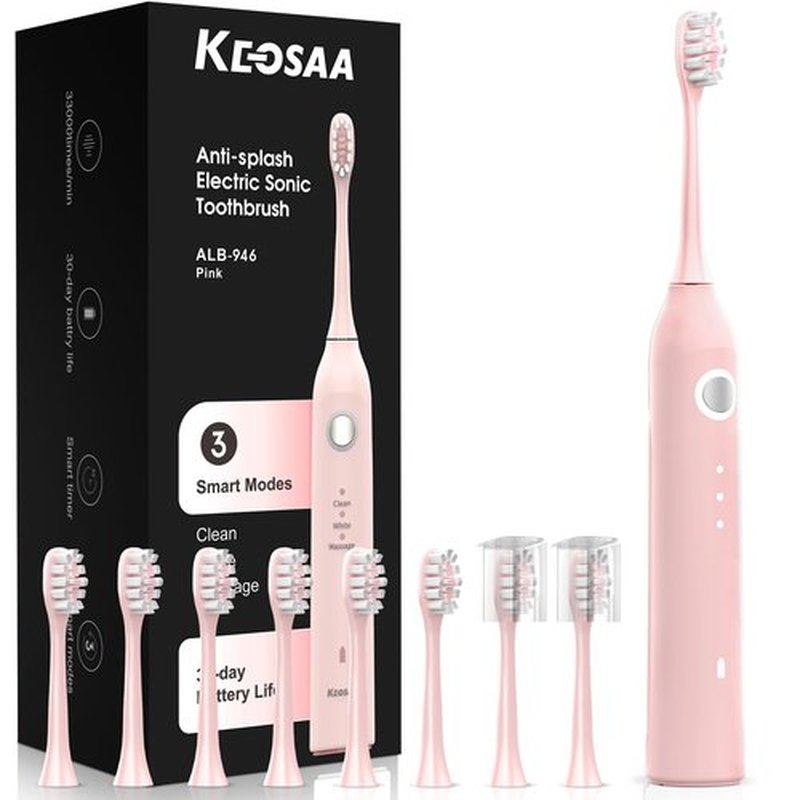 keosaa Pink Electric Toothbrush Soft with 8 Brush Heads, Vibrating Toothbrush with Pressure Sensor, 33000VPM, 3 Modes, 2-Min Smart Timer, One Charge for 30 Days, IPX7 Waterproof, 3D Rounded Bristles