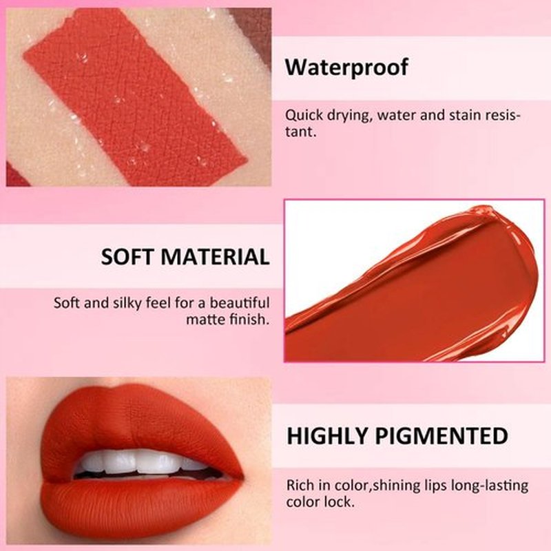 JUAAZIN Firebrick Matte Liquid Lipstick, With Highly Pigmented and Rich Colors Lip Gloss, Long-Lasting Wear Non-Stick Cup Not Fade Waterproof Lipstick Makeup for Women(Firebrick 14#)