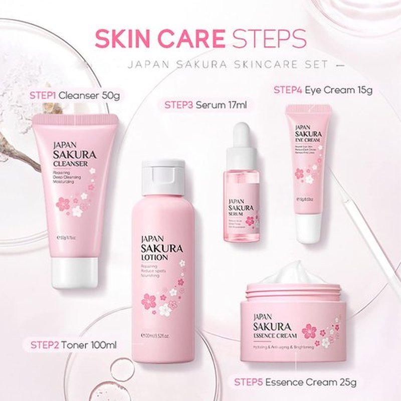 Skin Care Set - Women Gift Sets - Sakura Skin Care Sets & Kits - Gift Set with Cleanser,Toner,Serum,Eye Cream,essence Serum - Beauty Products For Women (SetC)